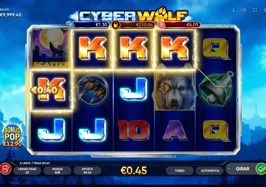 Demo grátis do slot Cyber Wolf com lobo ciborgue e símbolos futuristas na grade de 5×3