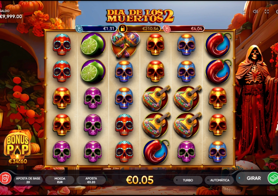 Demo grátis do slot Dia De Los Muertos 2 com caveiras coloridas, instrumentos musicais e pimentas nos rolos