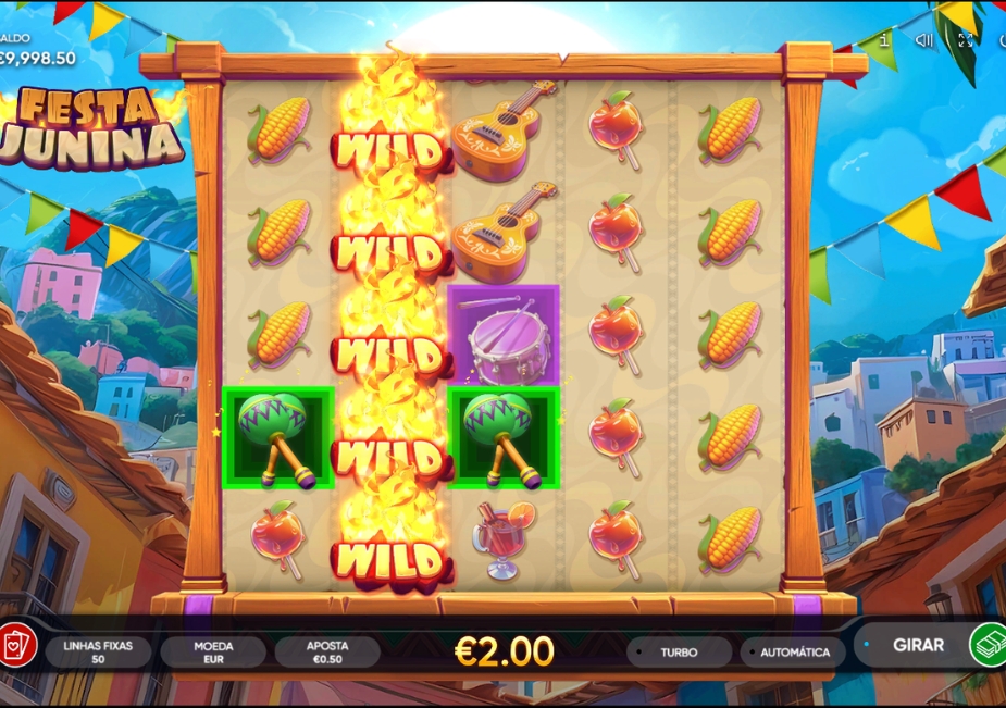 Demo grátis do slot Festa Junina com wilds empilhados em chamas e símbolos de milho, instrumentos e bebidas