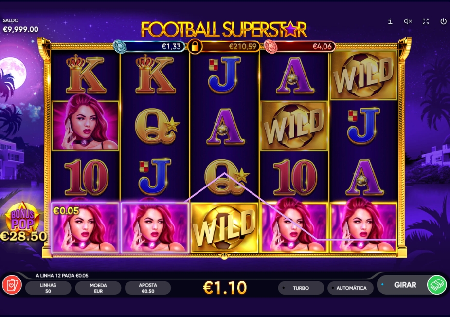 Tela do slot Football Superstar com símbolos Wild, cartas e personagens em uma grade de 5×4.