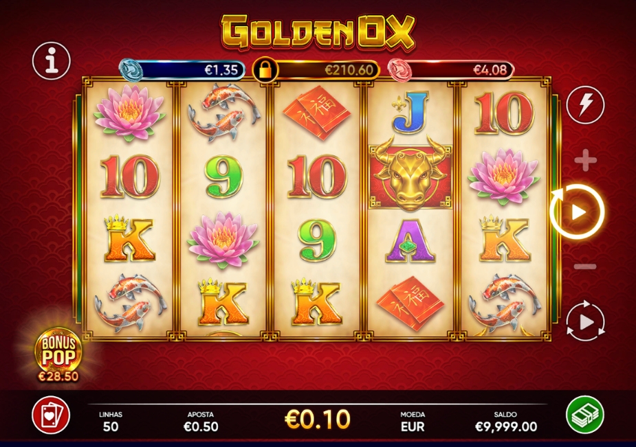 Tela do slot Golden Ox com grade de 5×4, símbolo do Boi Dourado, flores de lótus, carpas e elementos da cultura chinesa.