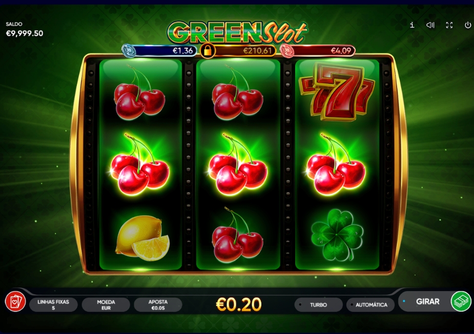 Tela do slot Green Slot com grade 3×3 e símbolos de cerejas, limão, sete vermelho e trevo de quatro folhas.