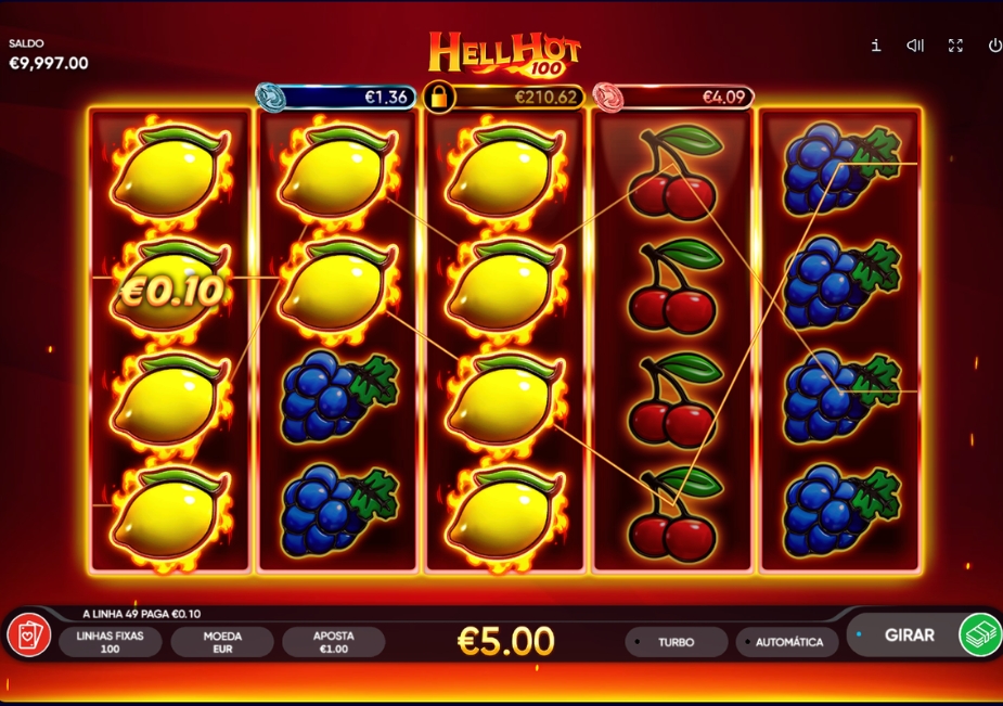 Tela do slot Hell Hot 100 com grade 5×4 e símbolos de limões em chamas, cerejas e uvas.