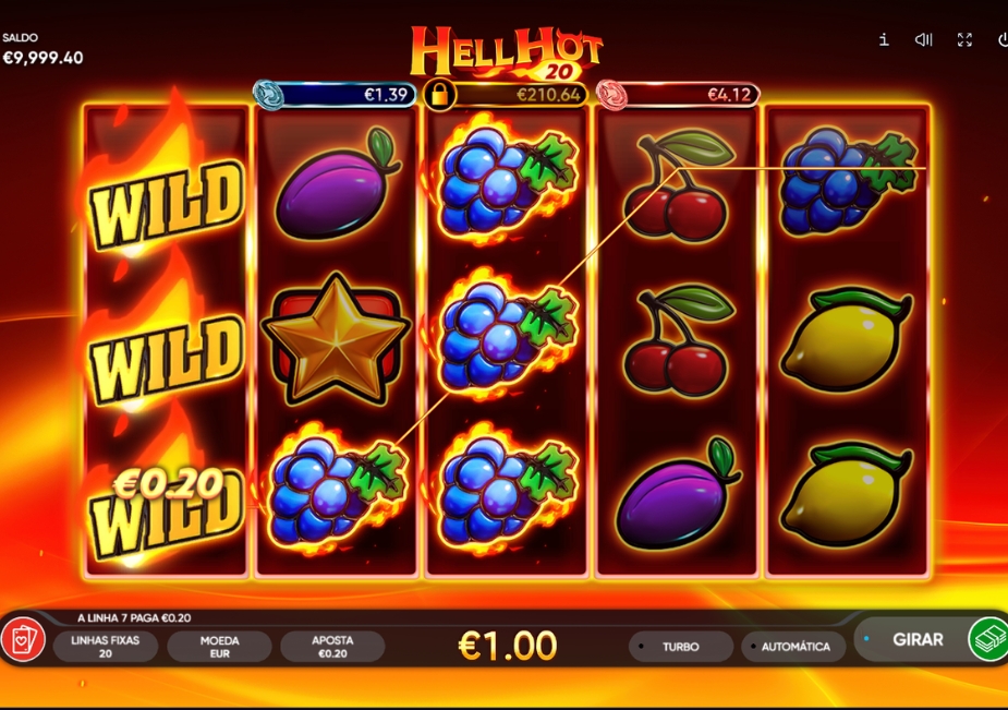 Tela do slot Hell Hot 20 com grade 5×3, Wilds empilhados em chamas e símbolos de frutas.