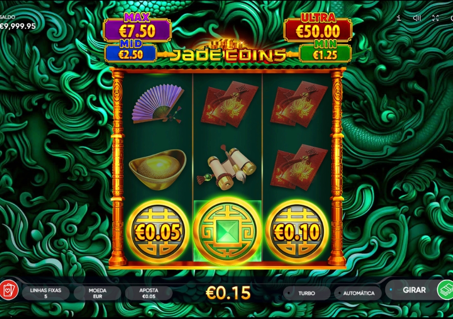 Tela do slot Jade Coins com três rolos, símbolos inspirados na cultura chinesa e moedas de jade em destaque.