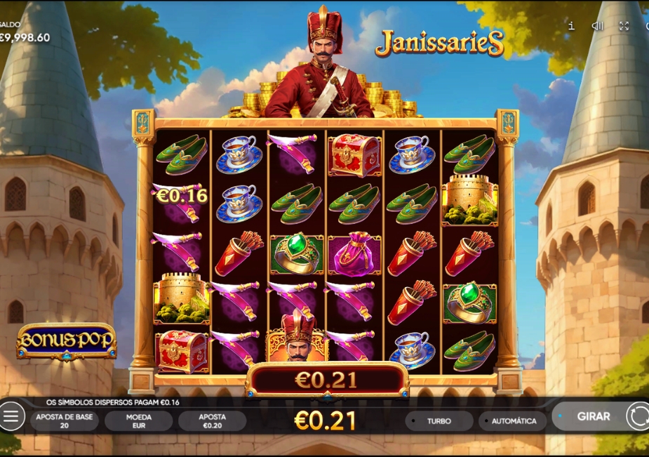 Tela do slot Janissaries com seis rolos, símbolos temáticos do Império Otomano e um janízaro em destaque.