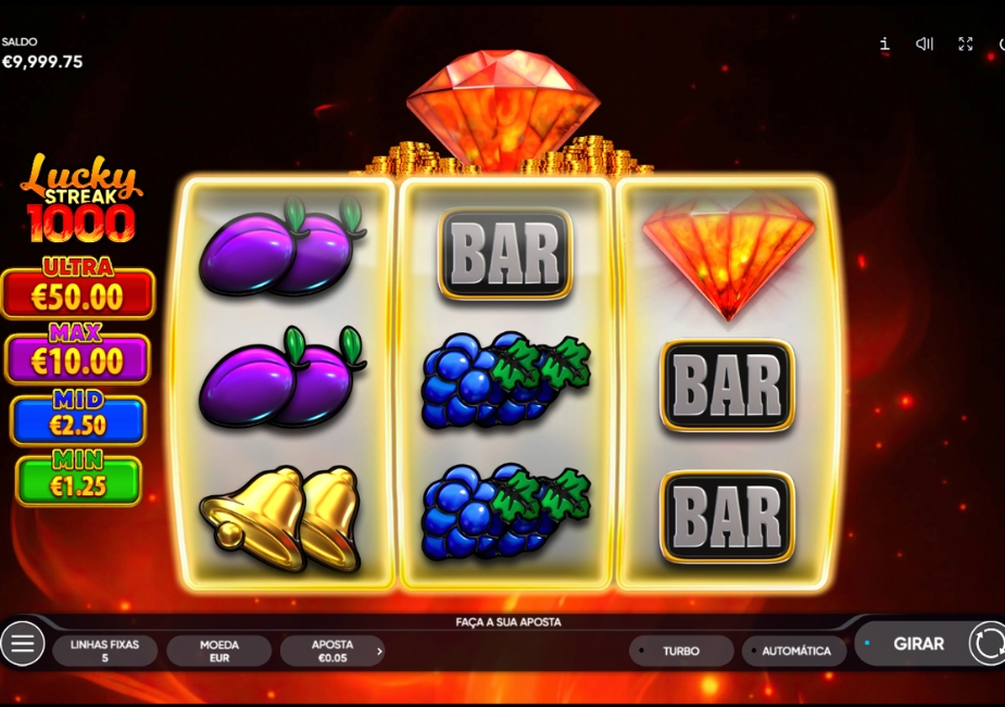 Tela do slot Lucky Streak 1000 com três rolos, símbolos de frutas, BAR, sinos e diamante em destaque.